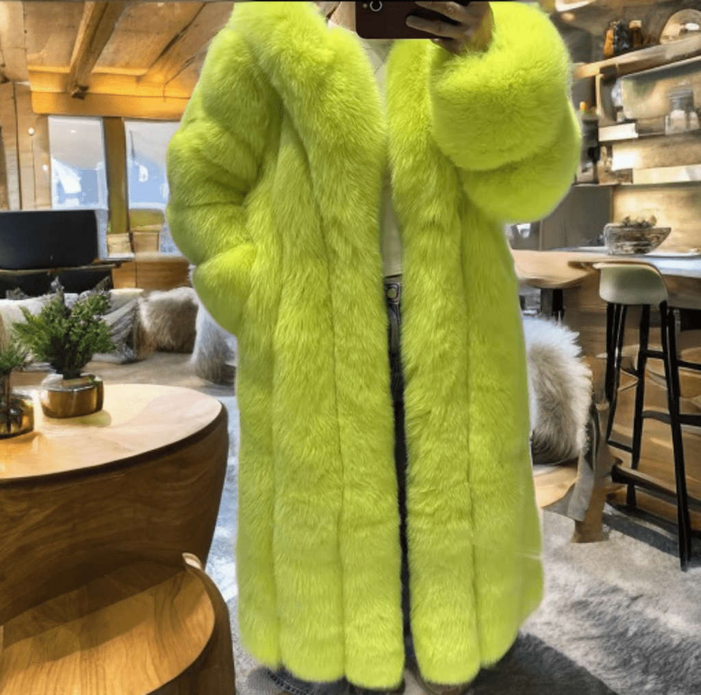 Futro z lisa naturalnego z kapturem neonowy żółty,CH-200-LEU. Futro naturalne damskie z lisa.
