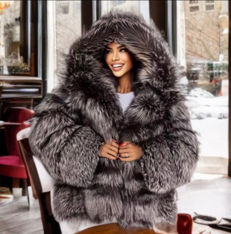 Futro z lisa srebrzystego z dużym kapturem 75 cm - LEU