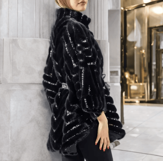 Futro z norek, płaszcz futrzany z futra naturalnego czarny - LEU