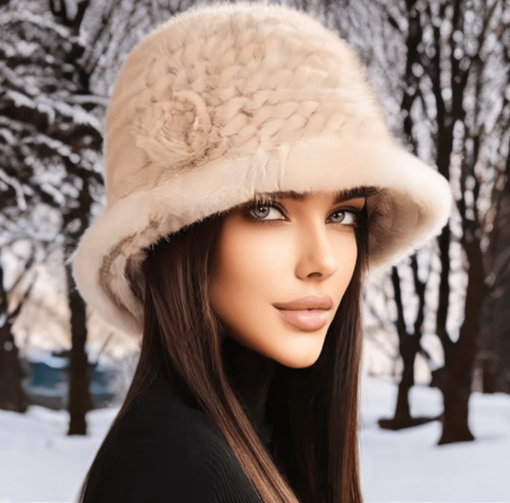 Kapelusz futrzany z futra norek beżowy damski - LEU