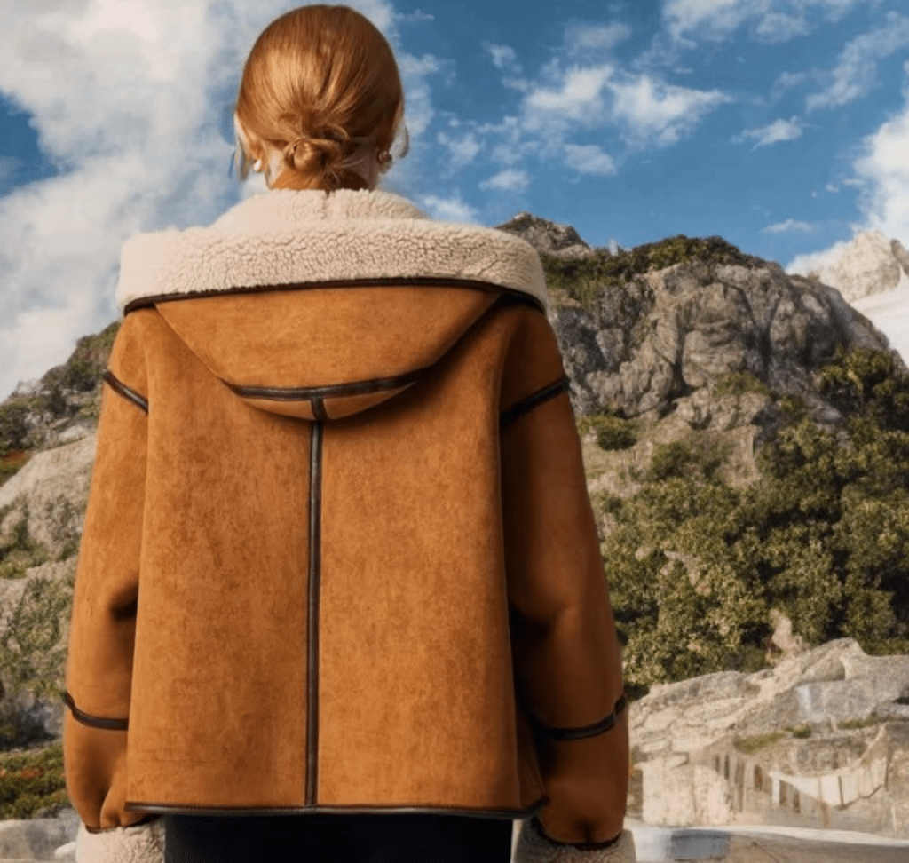 Kożuch damski naturalny z kapturem oversize brązowy,KD - 1 - LEU