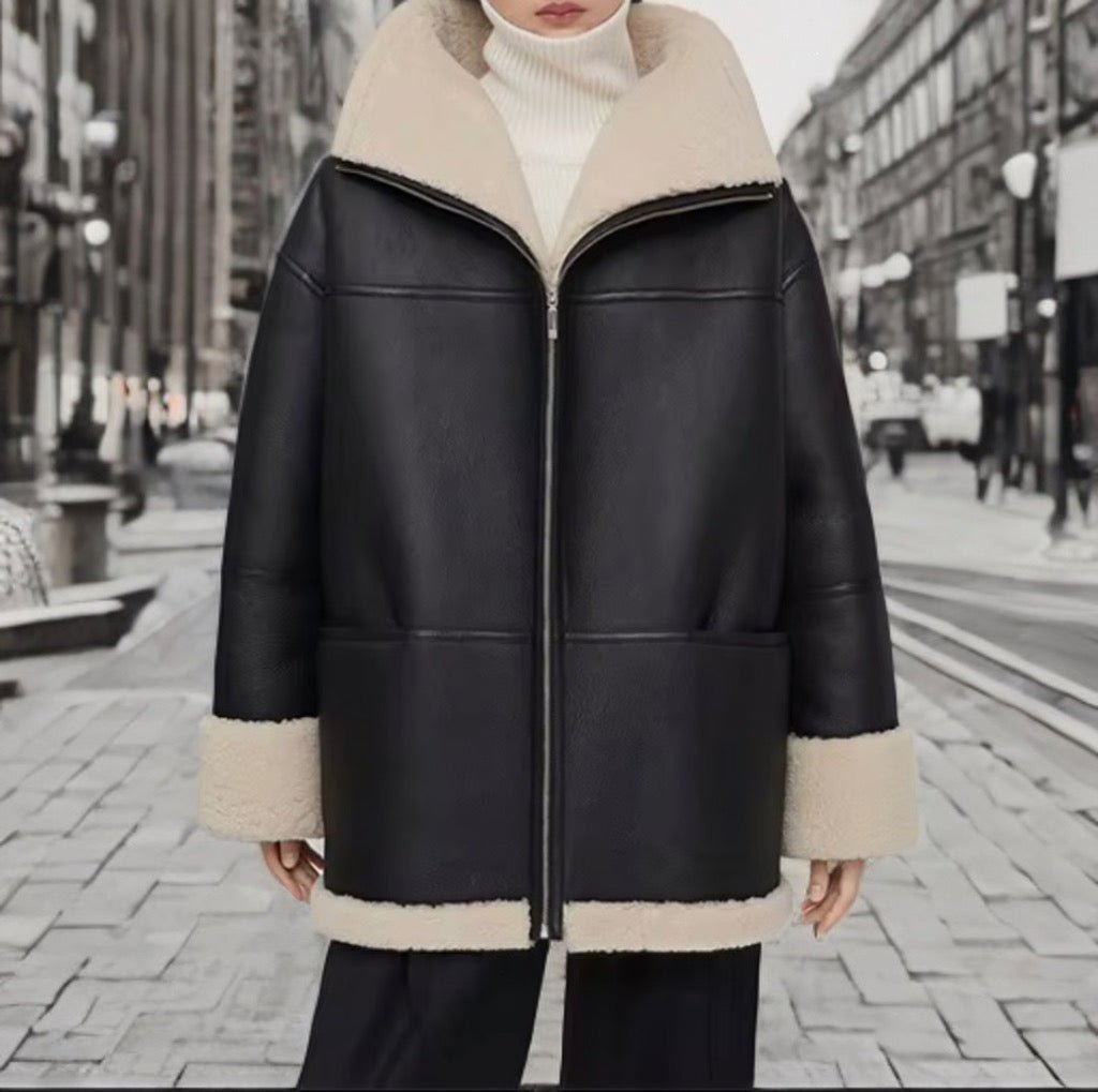 Kożuch naturalny damski oversize brązowy,MAJA - LEU