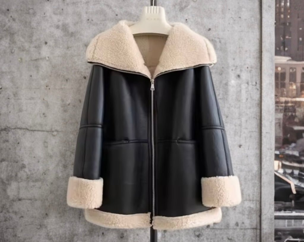 Kożuch naturalny damski oversize czarny,LAURA - LEU