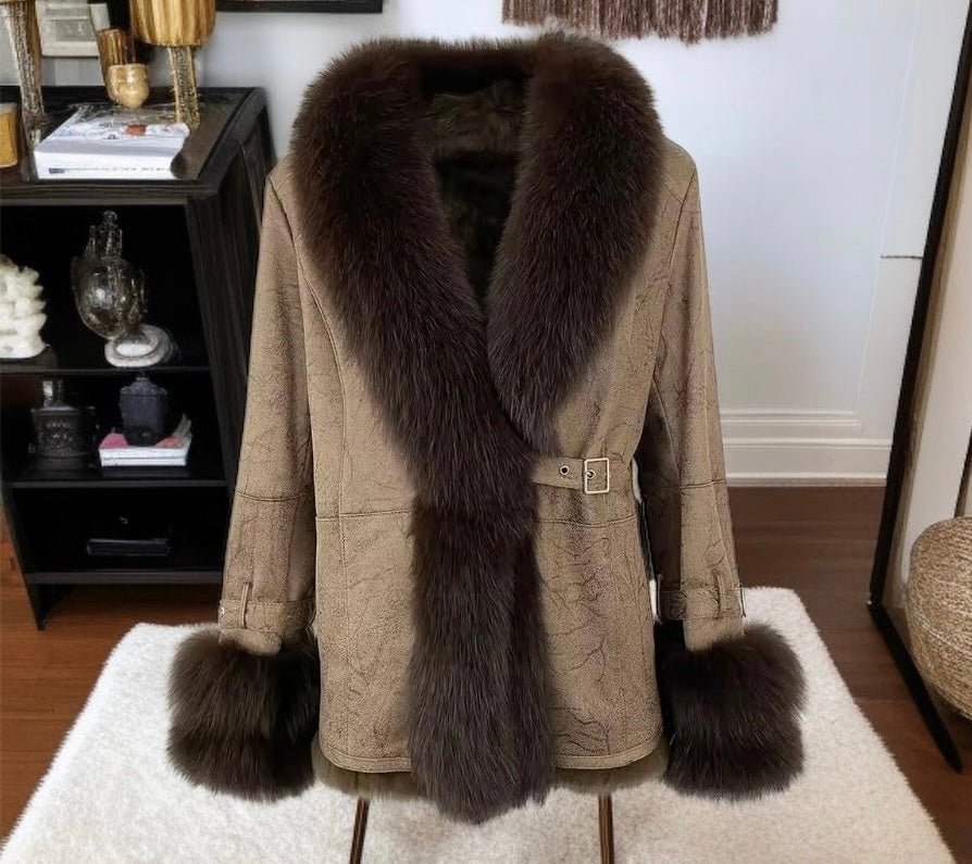 Kożuch naturalny khaki z lisem naturalnym,EVA - LEU