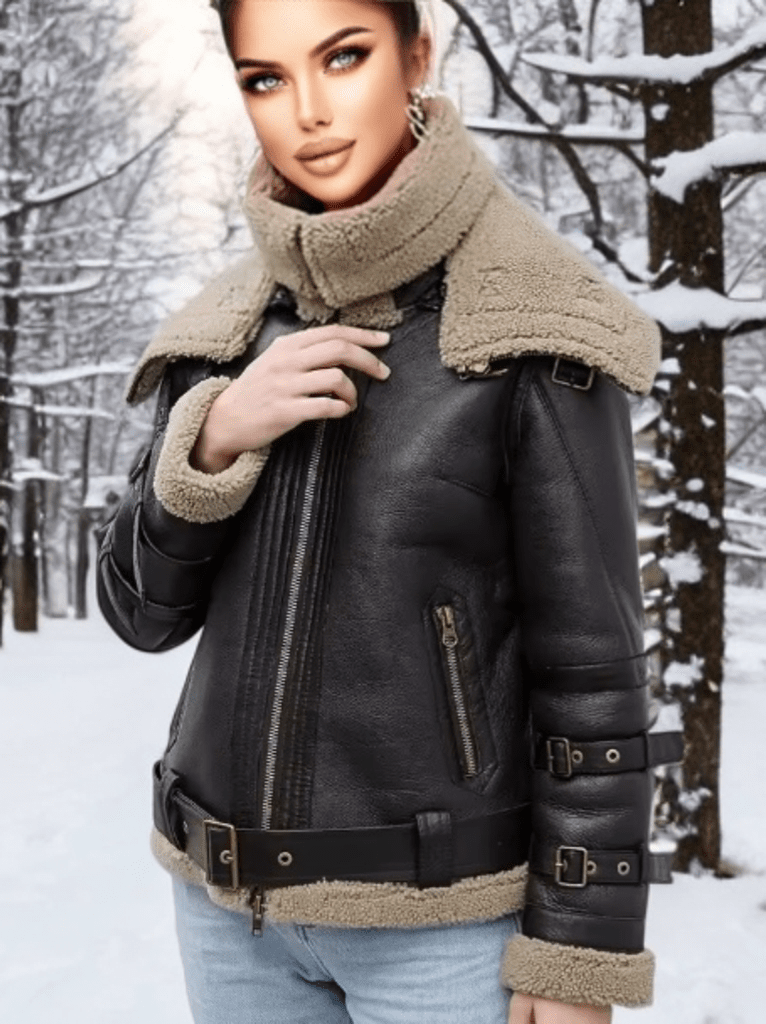 Kożuch pilotka damska ramoneska skórzana zimowa brąz,P-3-LEU. Kurtka zimowa damska futrzana z futra naturalnego.