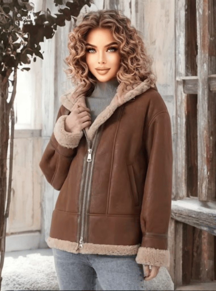 Kożuch pilotka damska ramoneska zimowa brązowa,P-2-LEU. Pilotka skórzana damska zimowa ramoneska futrzana.