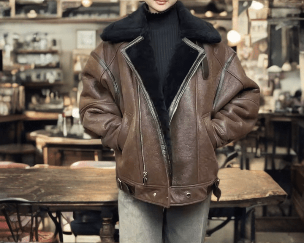 Kożuch pilotka, ramoneska damski naturalny brązowy,P - 1 - LEU