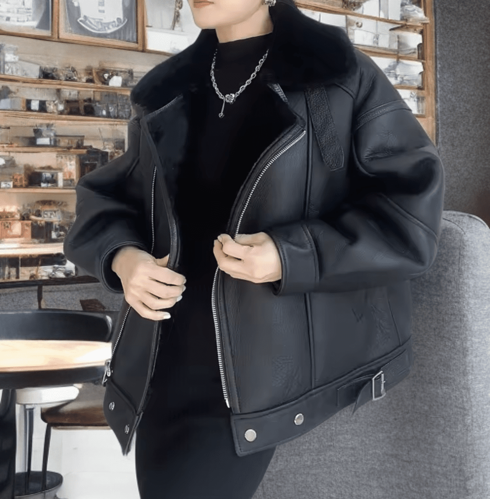 Kożuch pilotka, ramoneska damski naturalny czarny,P - 1 - LEU