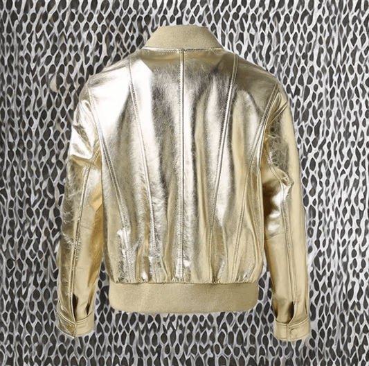 Kurtka skórzana damska bomberka, pilotka złota - LEU