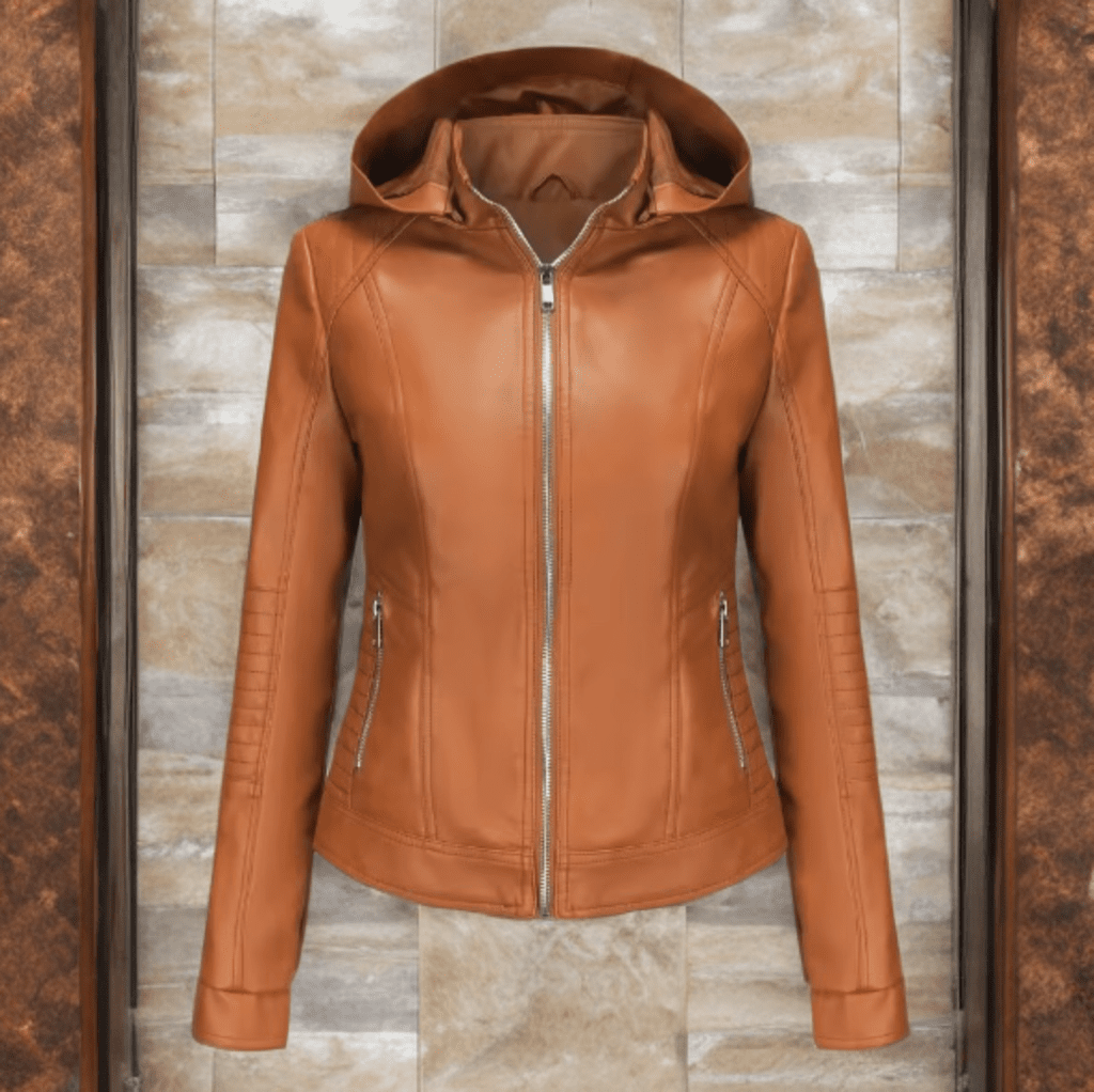 Kurtka skórzana damska karmel z kapturem,SOFFI - LEU. Kurtka ze skóry ekologicznej brązowa wiosenna, jesienna, przejściowa.