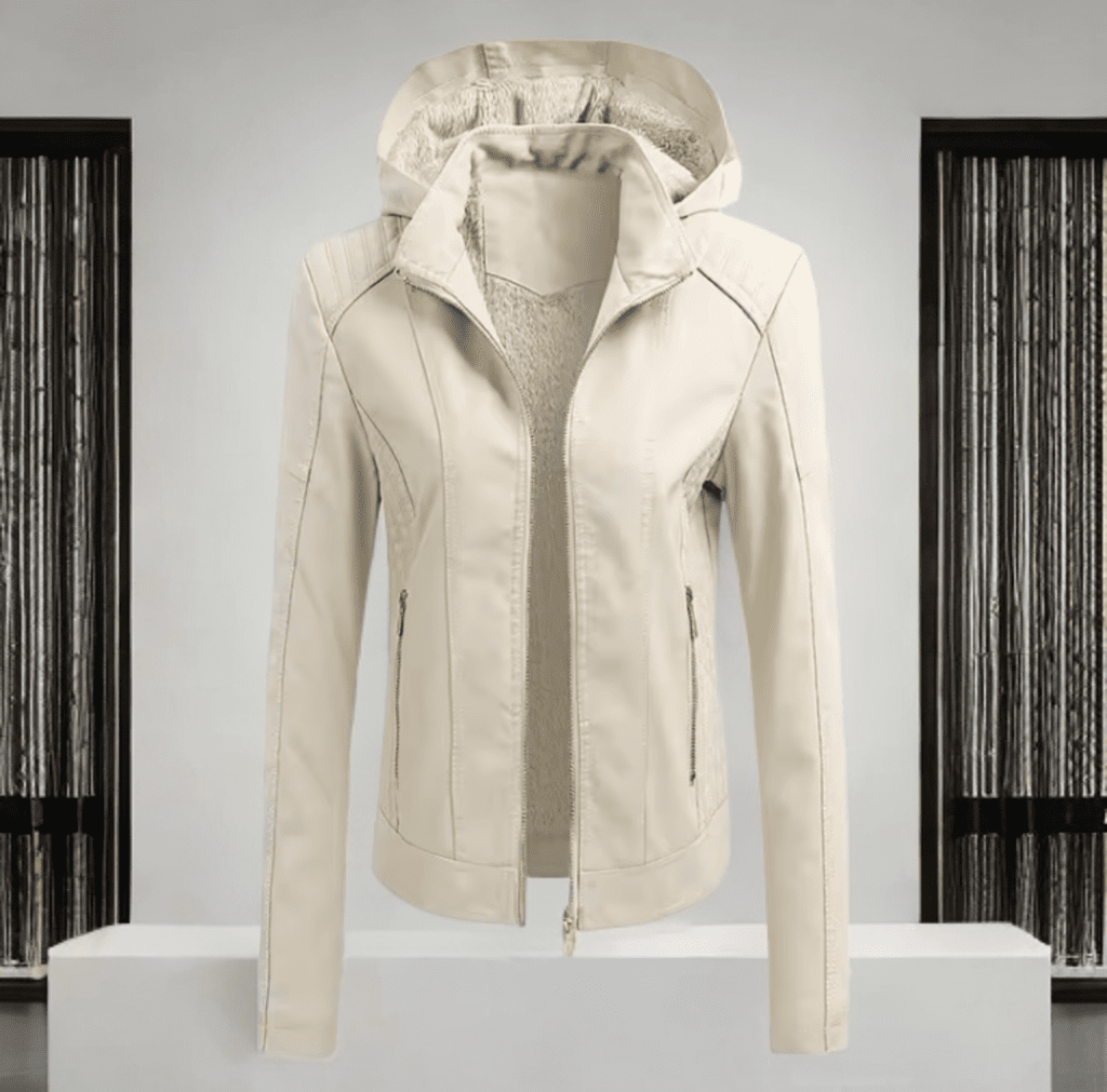 Kurtka skórzana damska z kapturem ze skóry eko ecru,MAJA