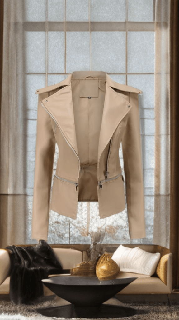 Kurtka skórzana ramoneska beżowa ze skóry damska 2W1 - LEU