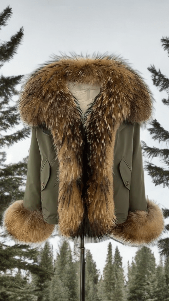 Kurtka z futra,futrem/parka/khaki jenot naturalny - LEU
