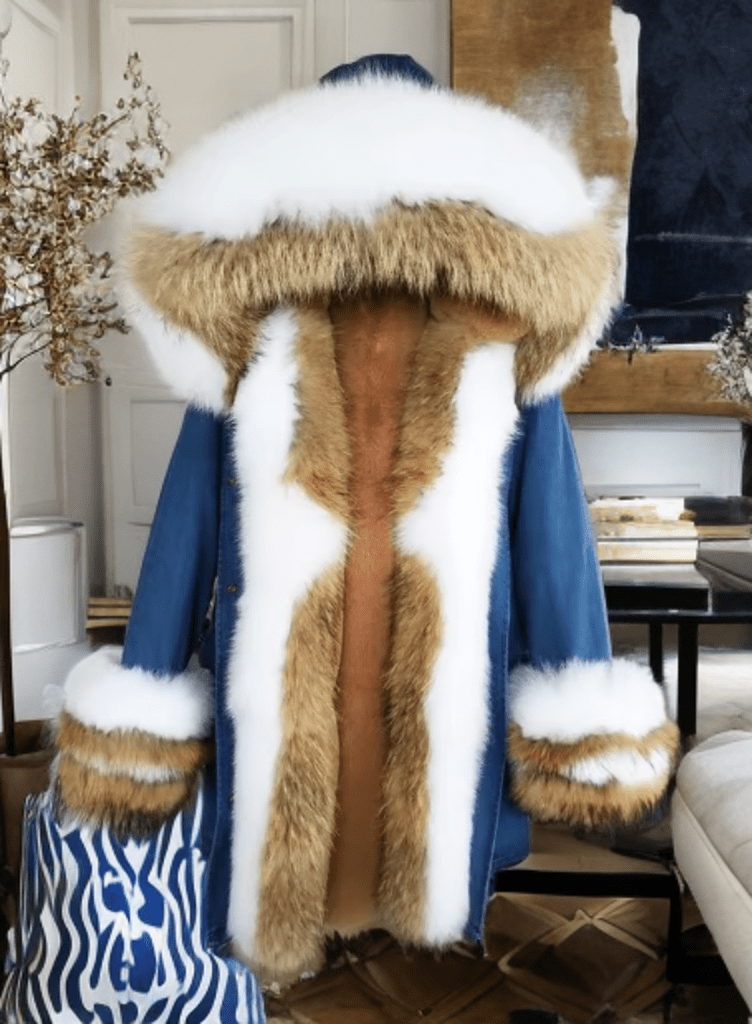 Kurtka z futrem lisa,lisem parka niebieska damska,MOYA - LEU