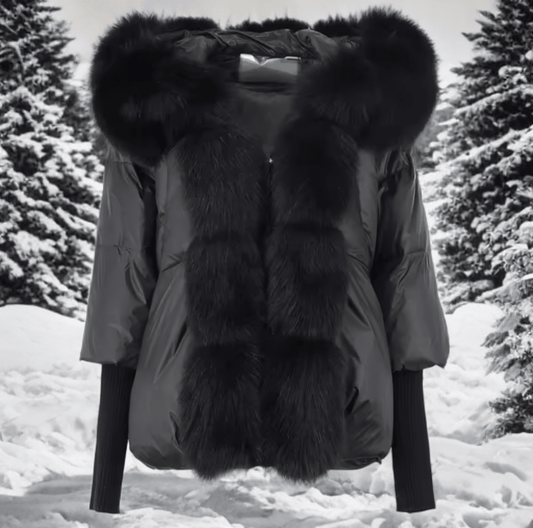 Kurtka z futrem puchowa damska czarna lis naturalny czarny,VALENTINA - LEU