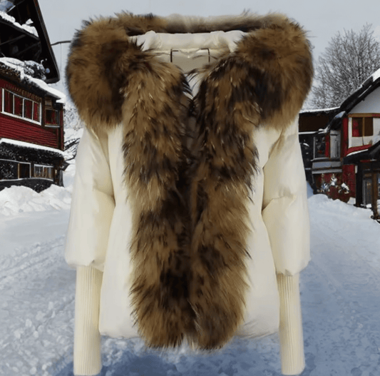 Kurtka z futrem puchowa damska ekru jenot naturalny,VALENTINA - LEU