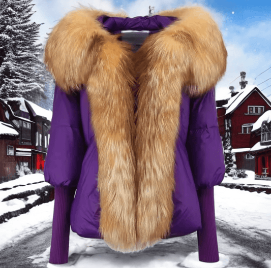 Kurtka z futrem puchowa damska fioletowa rudy lis naturalny,VALENTINA - LEU