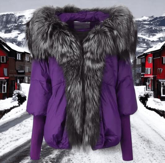 Kurtka z futrem puchowa damska fioletowa srebrny lis naturalny,VALENTINA - LEU