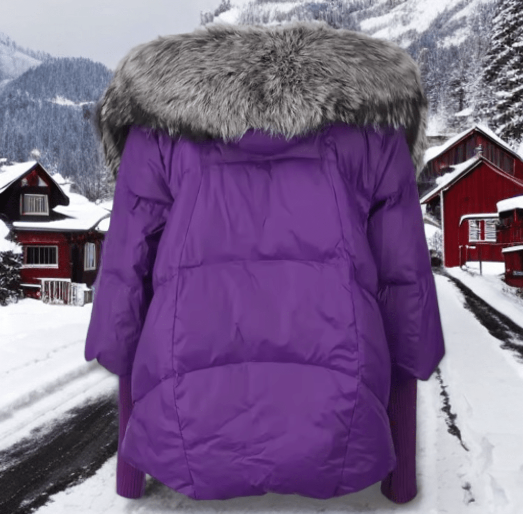 Kurtka z futrem puchowa damska fioletowa srebrny lis naturalny,VALENTINA - LEU