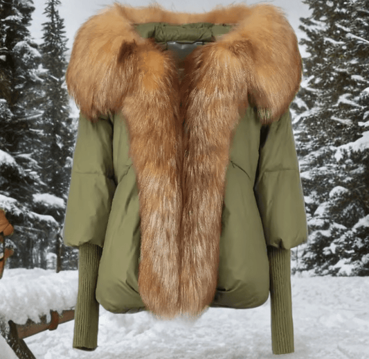 Kurtka z futrem puchowa damska khaki lis naturalny rudy,VALENTINA - LEU