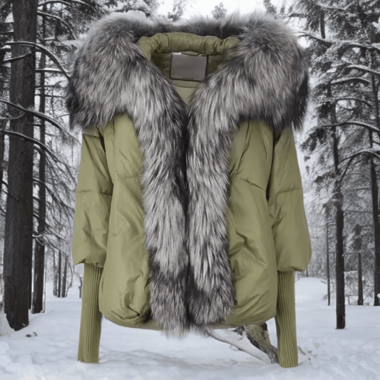 Kurtka z futrem puchowa damska khaki lis naturalny srebrny,VALENTINA - LEU