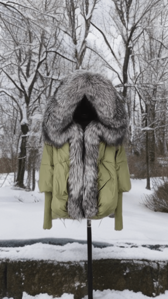 Kurtka z futrem puchowa damska khaki lis naturalny srebrny,VALENTINA - LEU