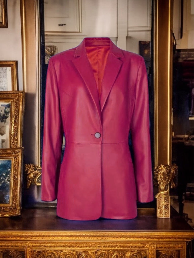 Marynarka skórzana damska z naturalnej skóry amarantowa fuksja, GALLA. Skórzana marynarka wiosenna,jesienna,przejściowa-LEU.