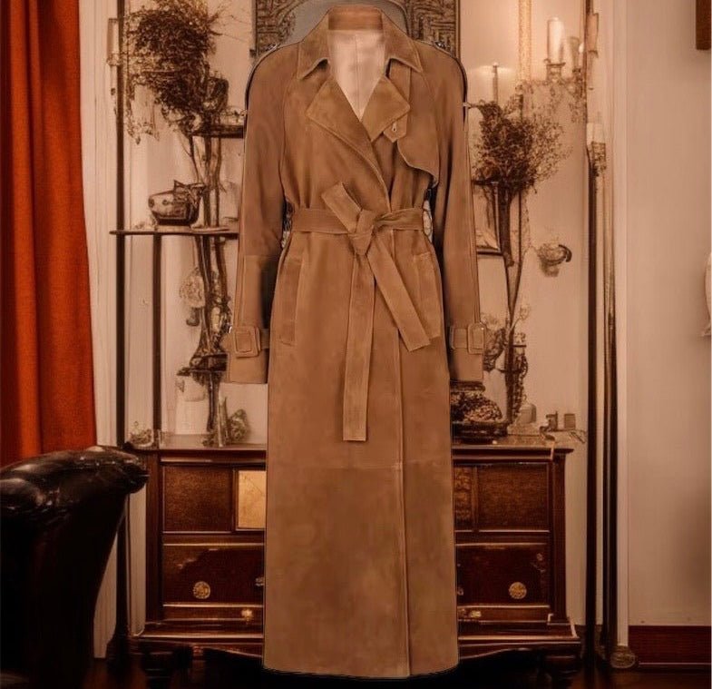 Płaszcz skórzany damski z naturalnej skóry karmel brąz*nubuk,CHLOE MAXI. - LEU