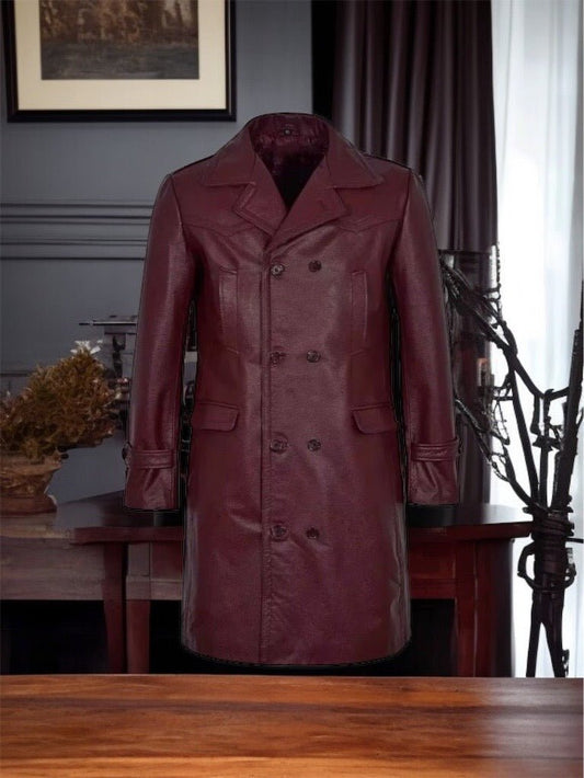 Skórzany płaszcz męski bordowy dwurzędowy z naturalnej skóry. Płaszcz męski wiosenny, jesienny,przejściowy,zimowy.
