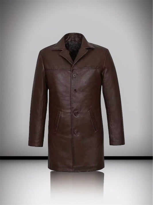 Skórzany płaszcz męski brązowy dwurzędowy z naturalnej skóry od LEU. Płaszcz męski wiosenny,jesienny,przejściowy i zimowy.