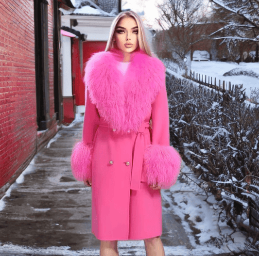 Płaszcz z futrem naturalnym cukierkowy róż, JAŚMIN - LEU