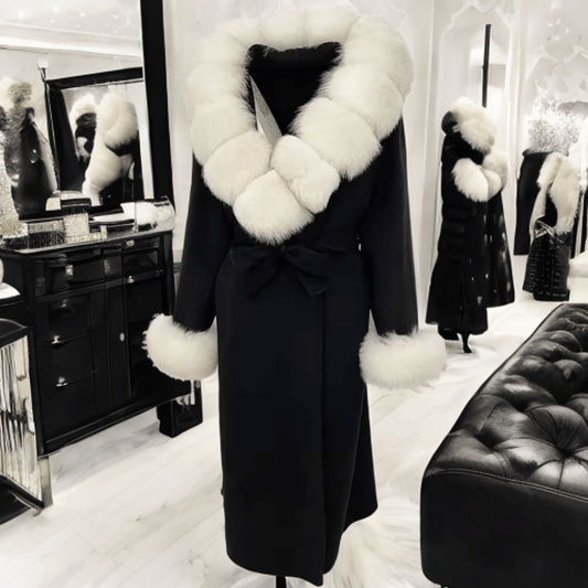 Płaszcz z futrzany z białym lisem damski czarny, MELANIE - LEU