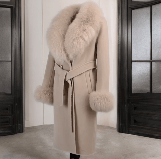 Płaszcz z lisem damski wełniany beżowy CAMILLA - LEU