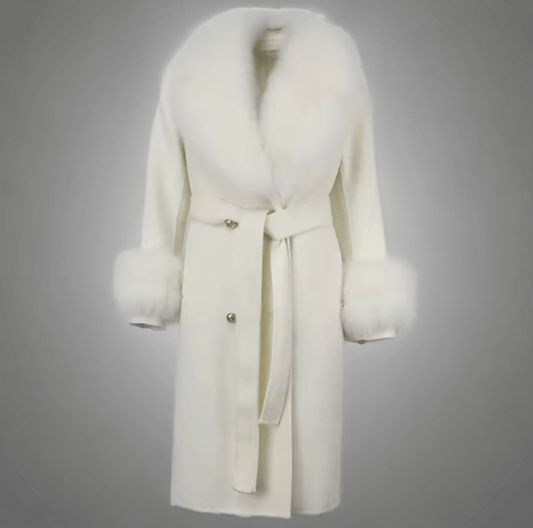 Płaszcz z lisem damski wełniany biały CAMILLA - LEU