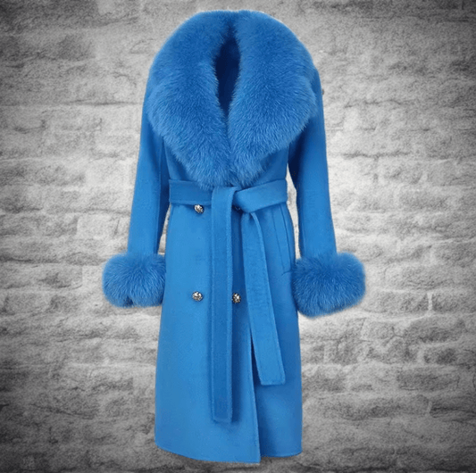 Płaszcz z lisem damski wełniany błękitny niebieski,CAMILLA - LEU