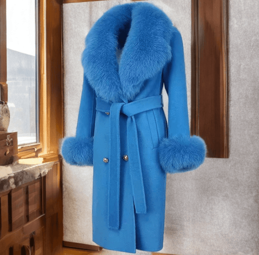 Płaszcz z lisem damski wełniany błękitny niebieski,CAMILLA - LEU