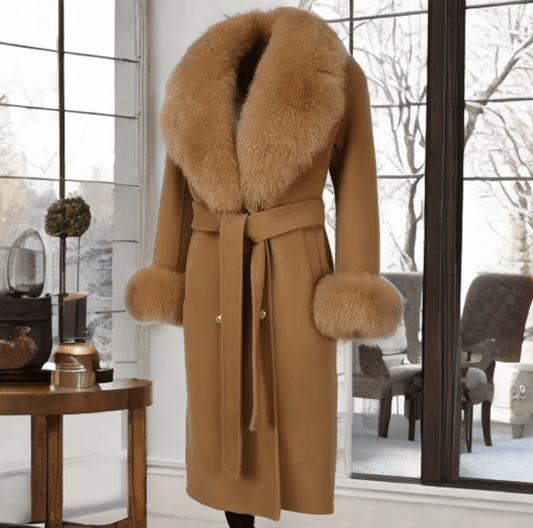 Płaszcz z lisem damski wełniany brązowy karmel CAMILLA - LEU