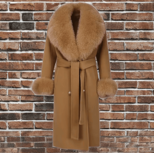Płaszcz z lisem damski wełniany brązowy karmel CAMILLA - LEU