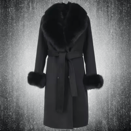 Płaszcz z lisem damski wełniany czarny CAMILLA - LEU