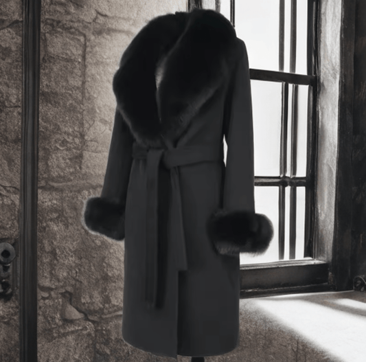 Płaszcz z lisem damski wełniany czarny CAMILLA - LEU