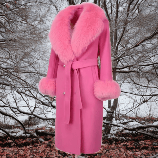 Płaszcz z lisem damski wełniany różowy CAMILLA - LEU