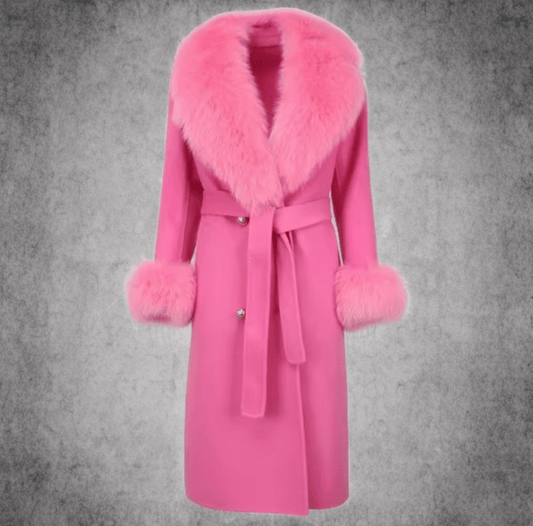 Płaszcz z lisem damski wełniany różowy CAMILLA - LEU