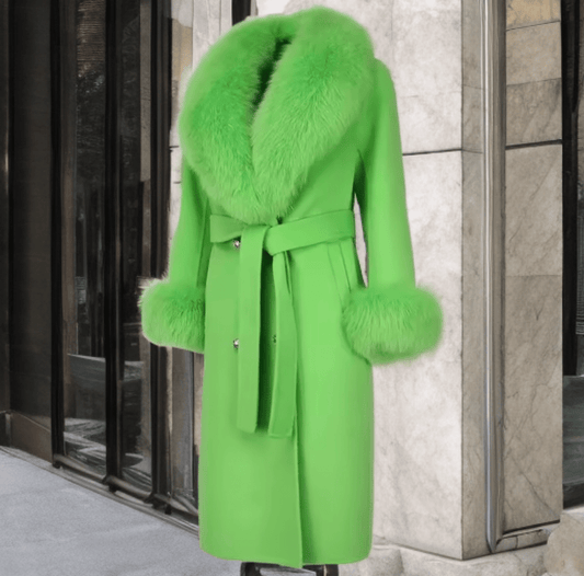 Płaszcz z lisem damski wełniany zielony, CAMILLA - LEU