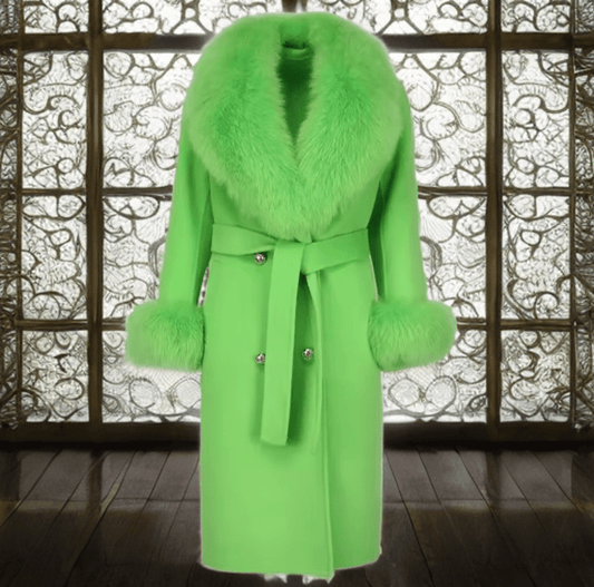 Płaszcz z lisem damski wełniany zielony, CAMILLA - LEU
