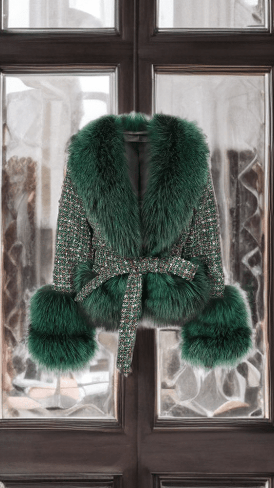 Płaszcz z lisem wełniany butelkowa zieleń,MOHITO - LEU