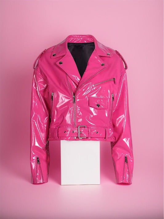 Ramoneska skórzana ze skóry damska amarantowa lakierowany róż,ASHLAY - LEU