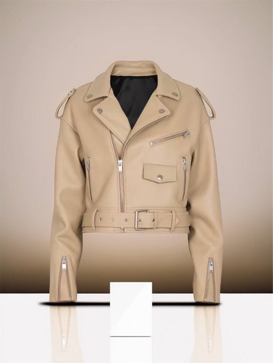 Ramoneska skórzana beżowa damska ze skóry ASHLAY - LEU