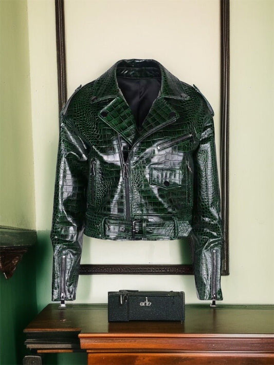 Ramoneska skórzana damska ze skóry butelkowa zieleń,ASHLAY skóra aligatora - LEU