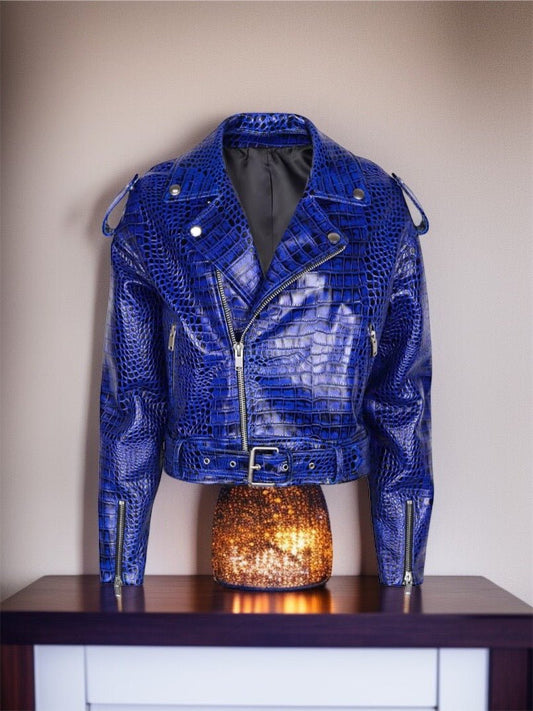 Ramoneska skórzana ze skóry damska chabrowa,ASHLAY skóra aligatora - LEU