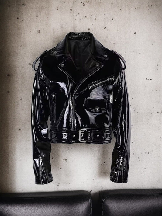 Ramoneska skórzana czarna damska ze skóry lakierowana ASHLAY - LEU